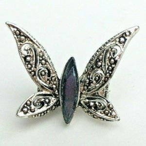 Vintage Silver Tone Filagree Butterfly Brooch with Black Glass Body